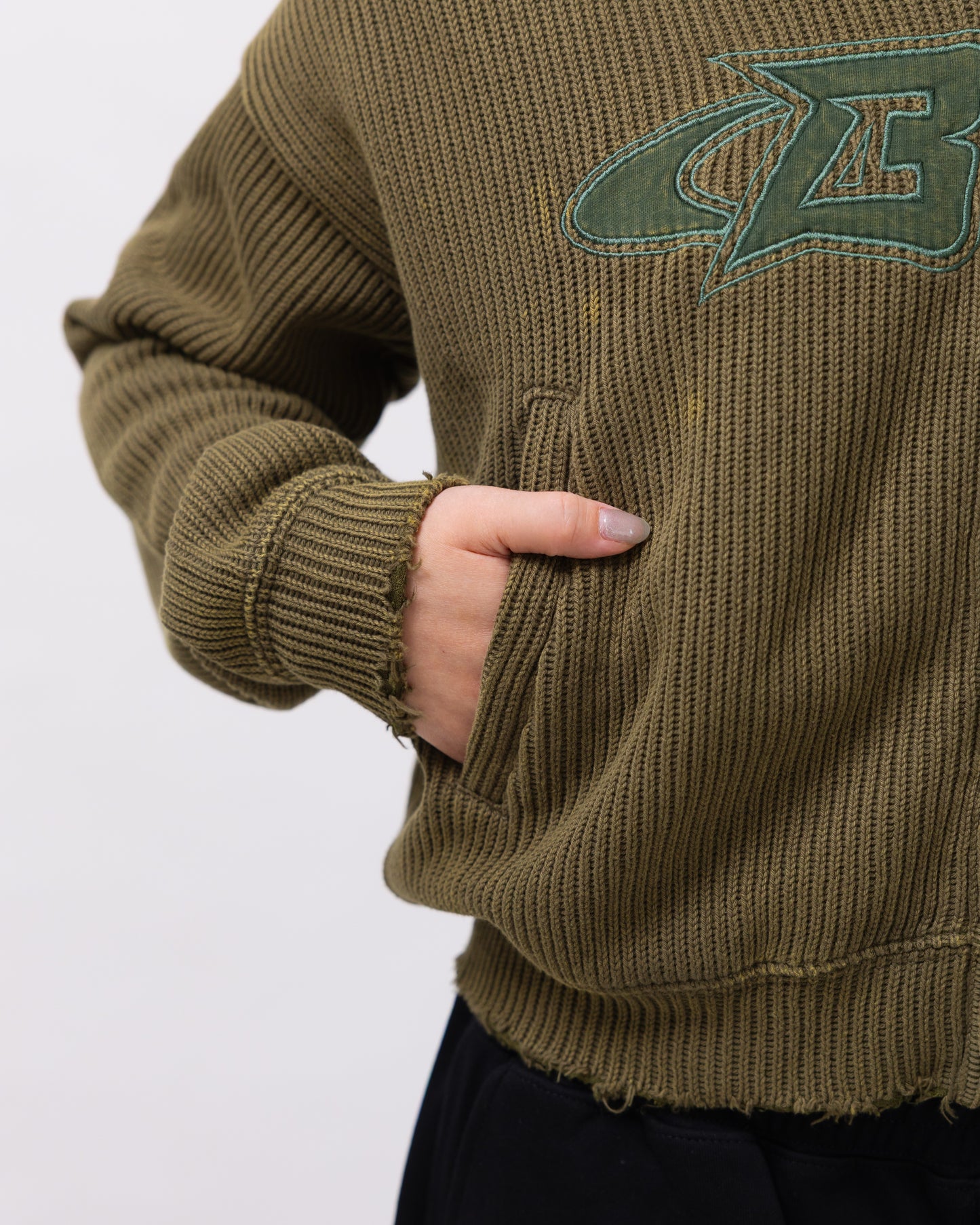 Navy Green Distressed Zip-up Hoodie