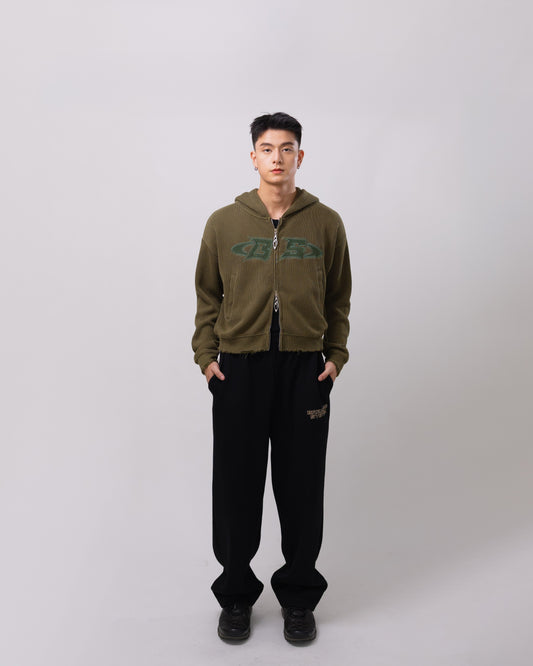 Navy Green Distressed Zip-up Hoodie