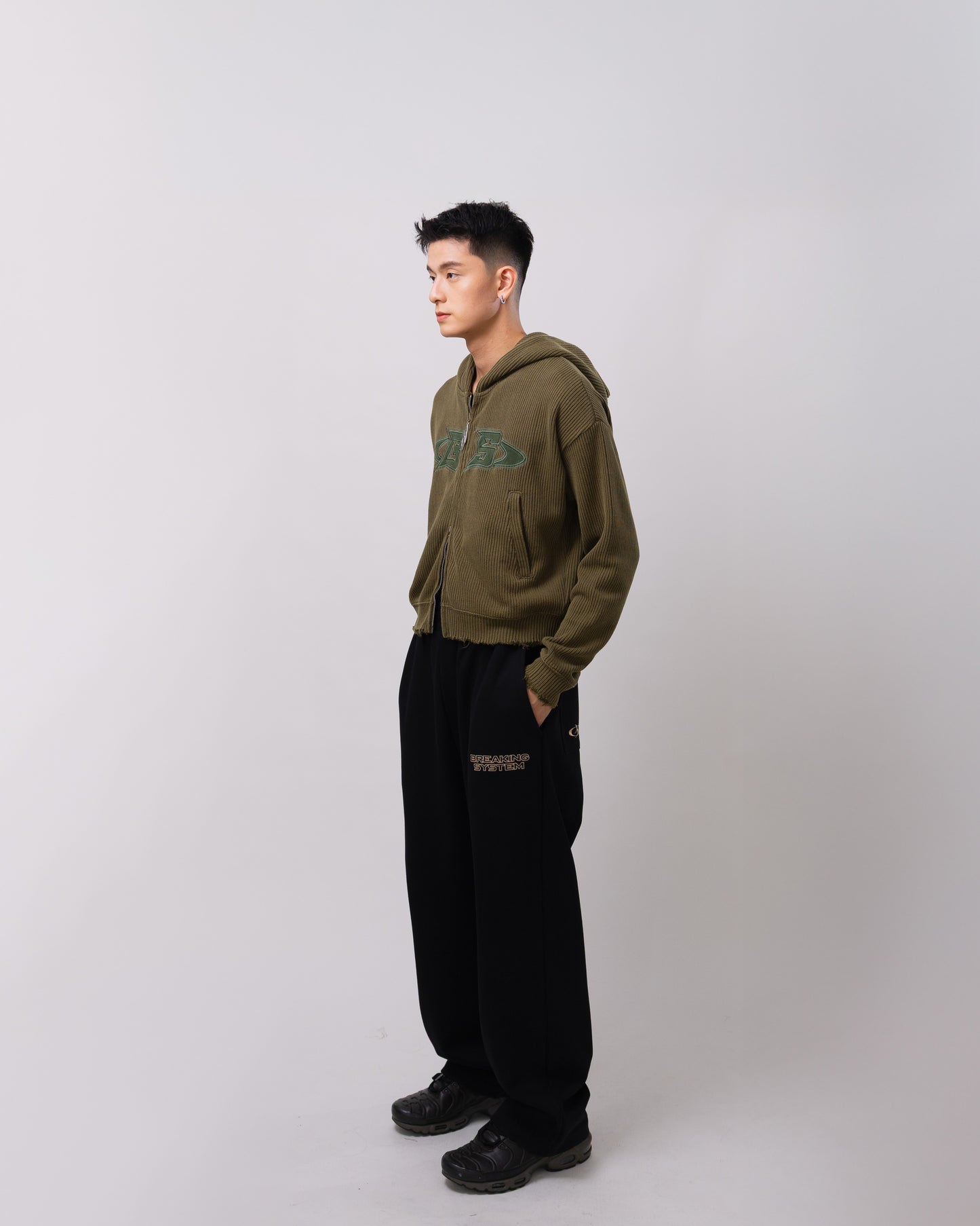 Navy Green Distressed Zip-up Hoodie