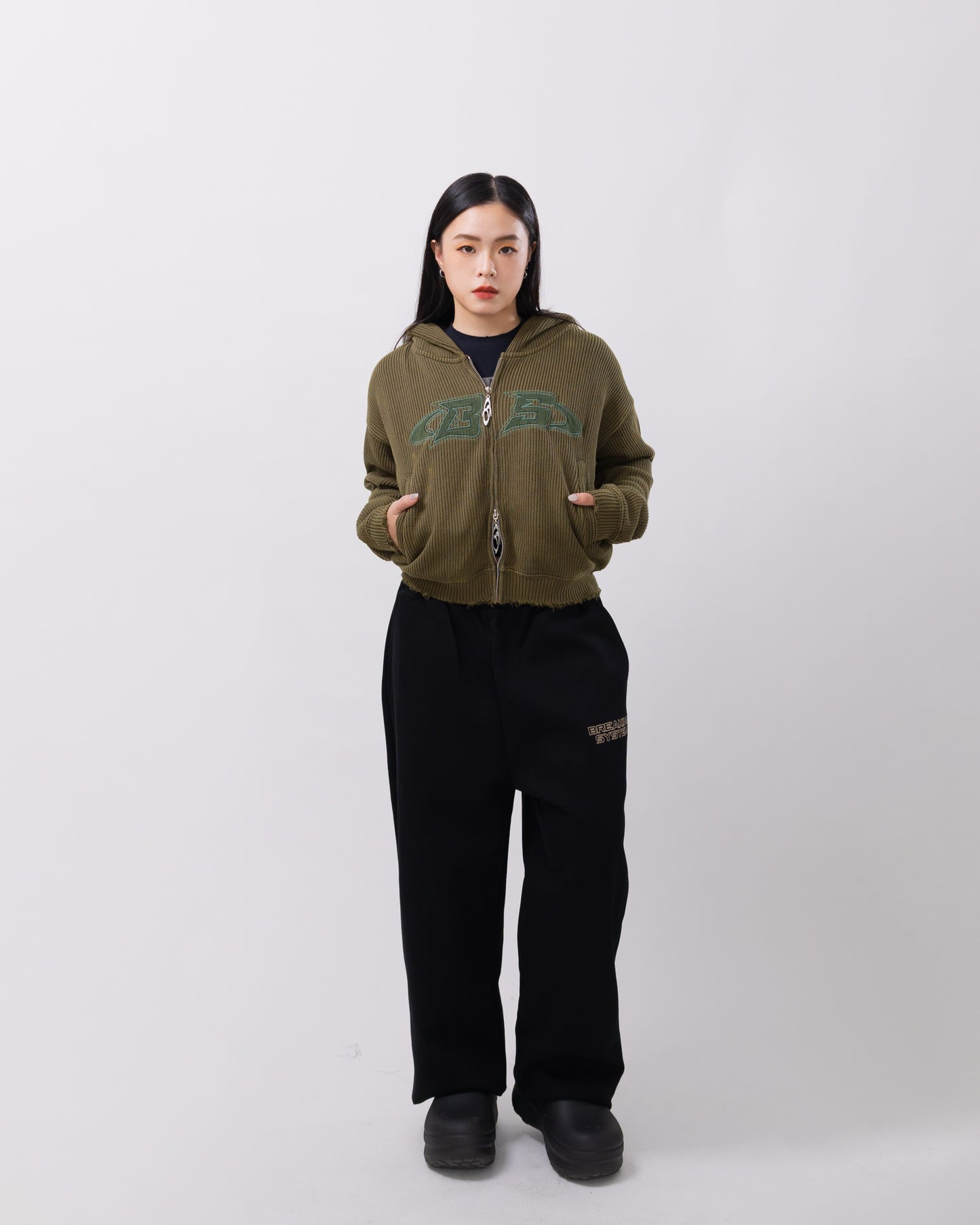 Navy Green Distressed Zip-up Hoodie