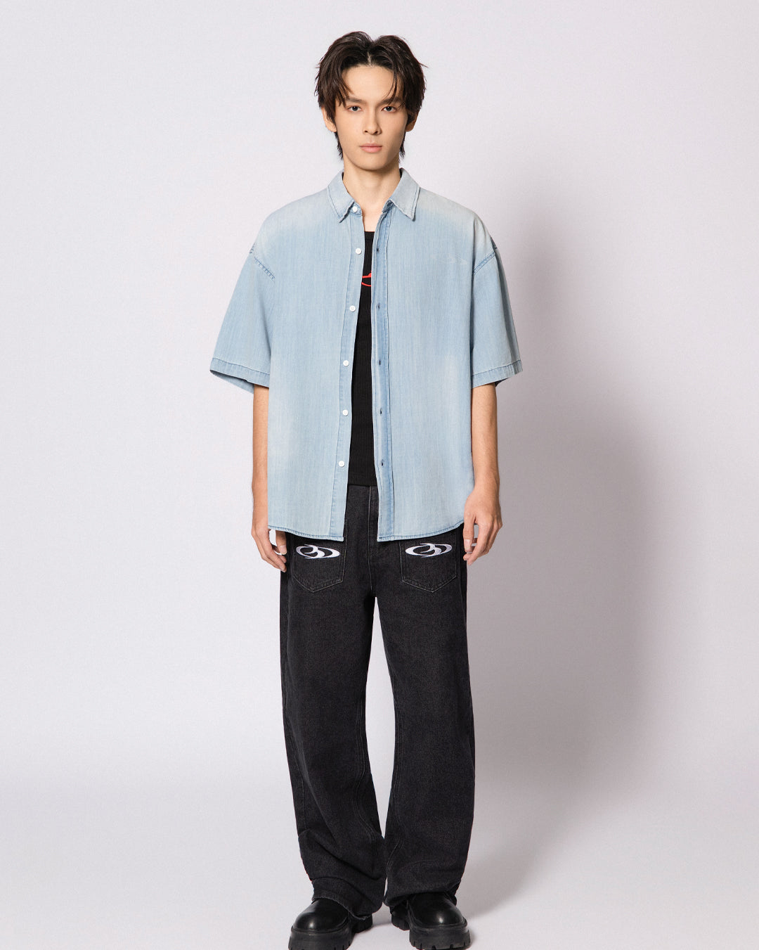 BREAKING SYSTEM PAINT SPRAY DENIM SHORT SLEEVE SHIRT