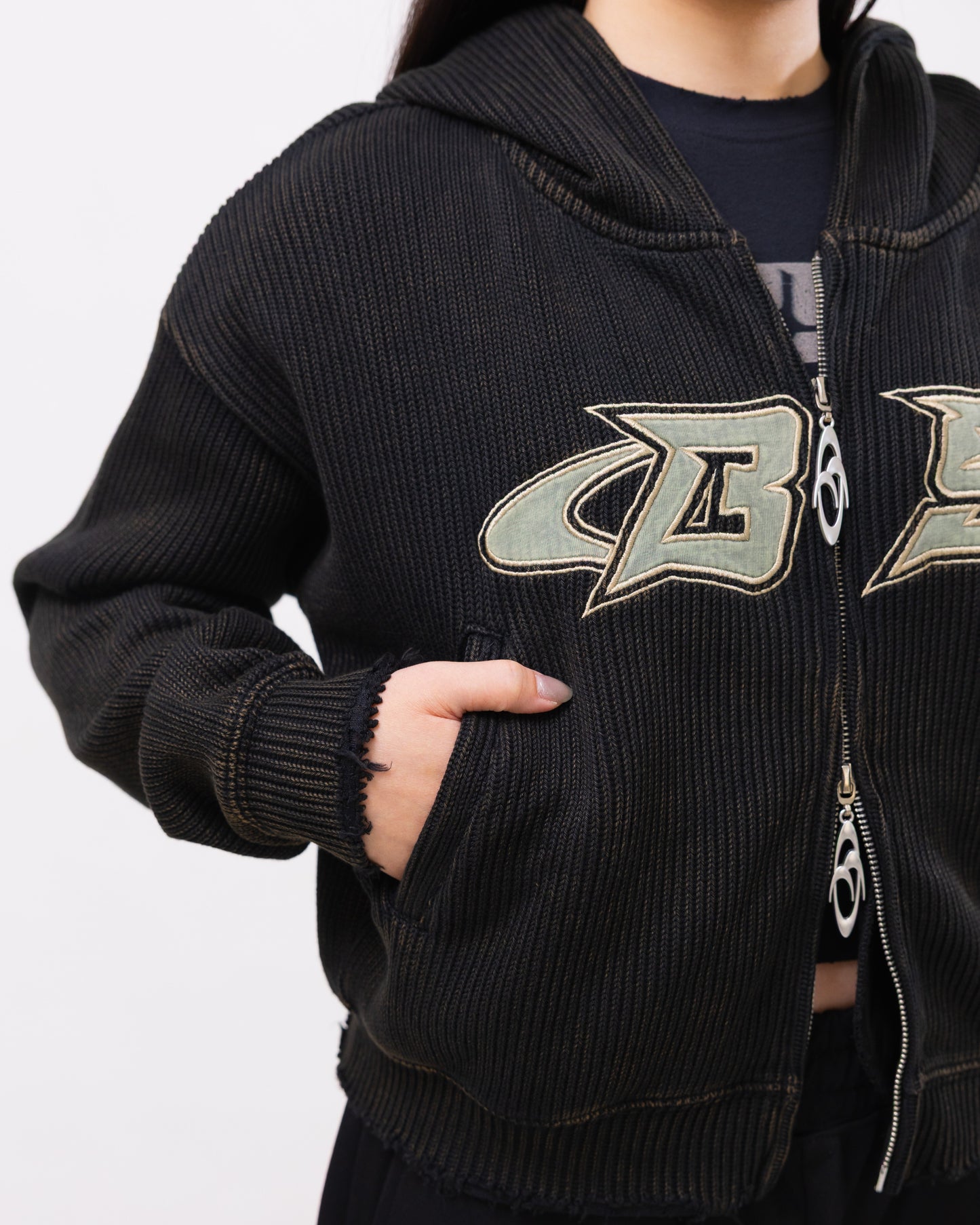 Smoke Black Distressed Zip-up Hoodie