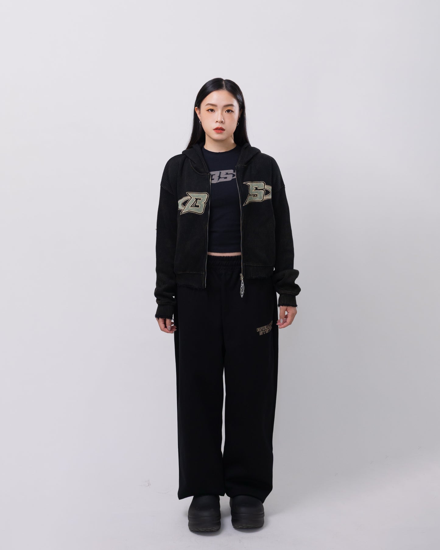 Smoke Black Distressed Zip-up Hoodie