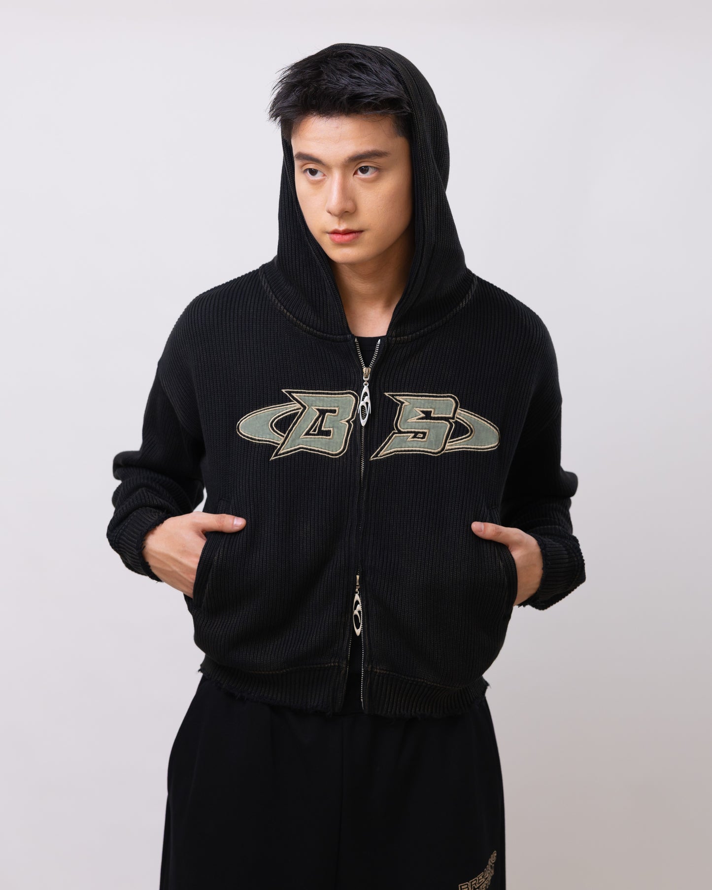 Smoke Black Distressed Zip-up Hoodie