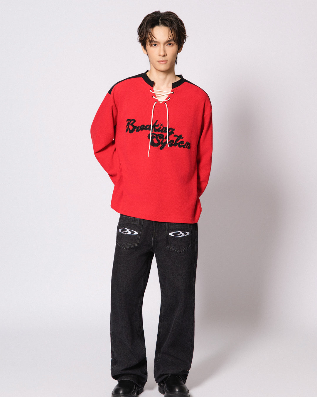 BREAKING SYSTEM WAFFLE DRAWSTRING LONG SLEEVE TOP