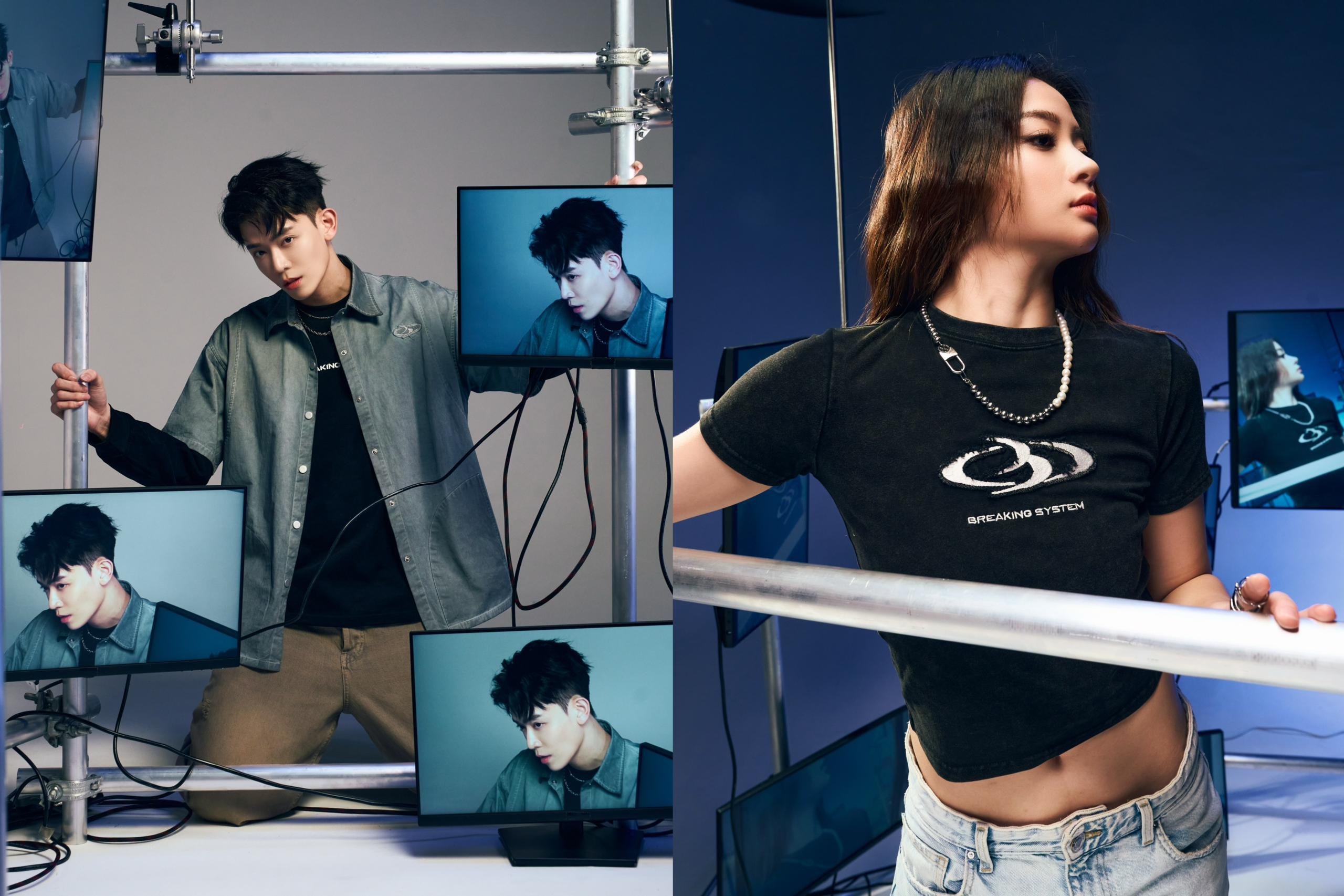 Breaking System Malaysia streetwear brand campaign, male and female models with modern, urban aesthetics.