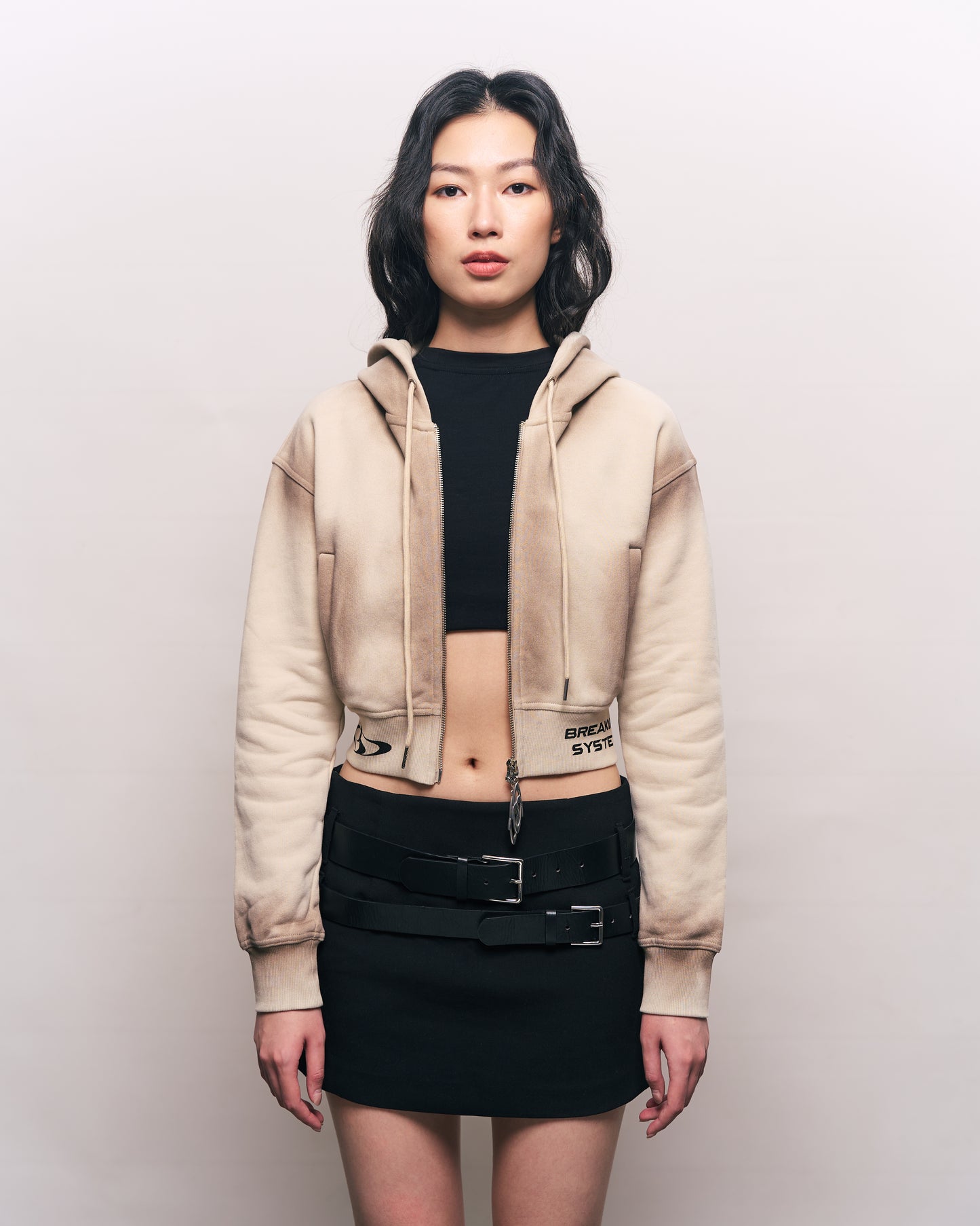 BREAKING SYSTEM BURN BEIGE ZIP UP CROP HOODIE