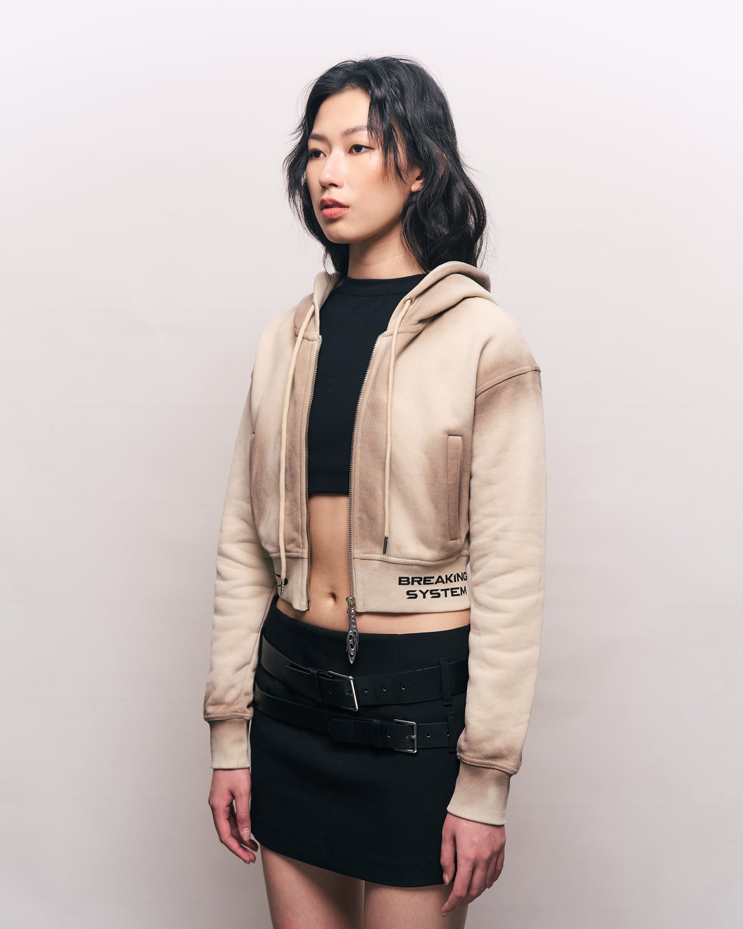 BREAKING SYSTEM BURN BEIGE ZIP UP CROP HOODIE