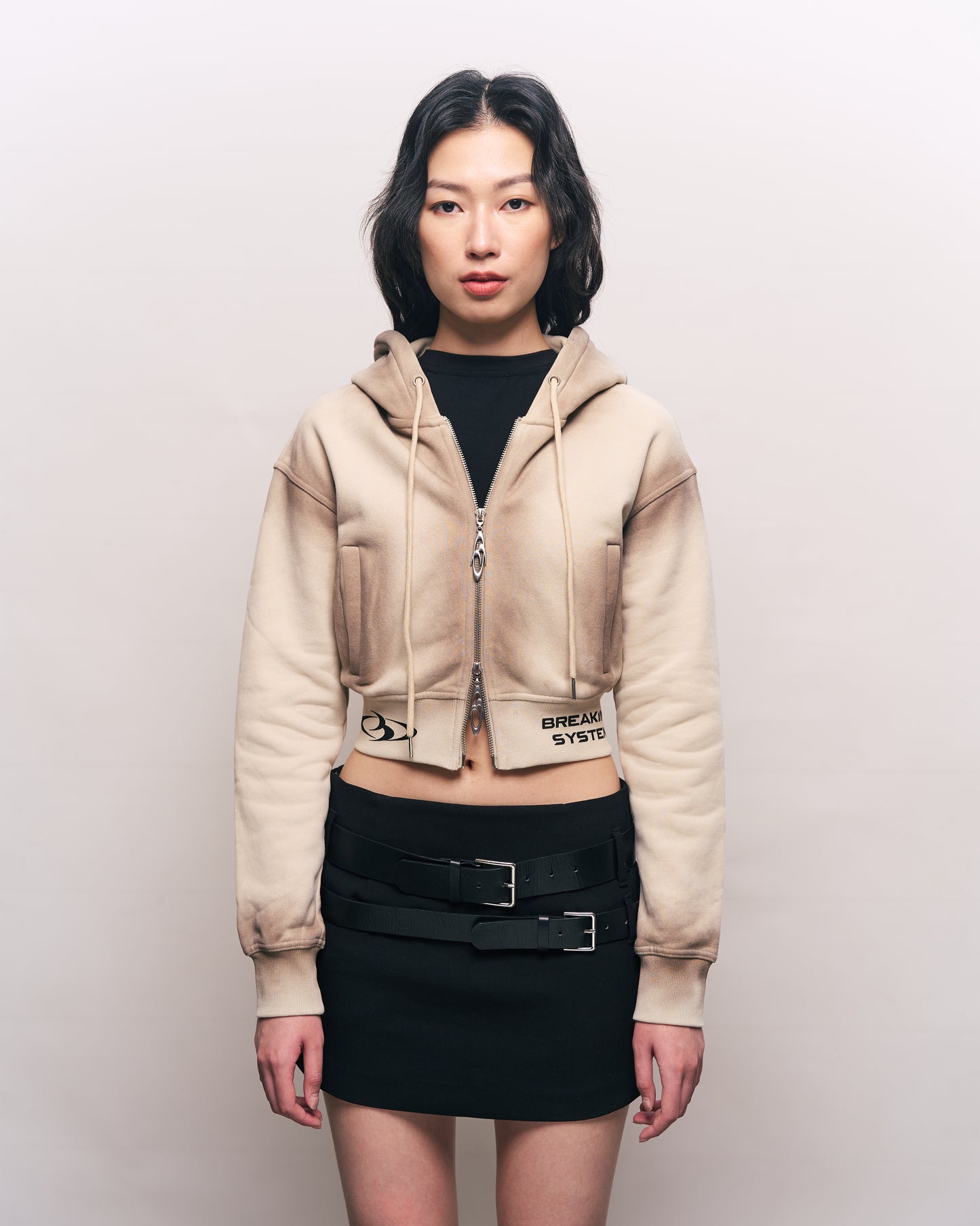 BREAKING SYSTEM BURN BEIGE ZIP UP CROP HOODIE
