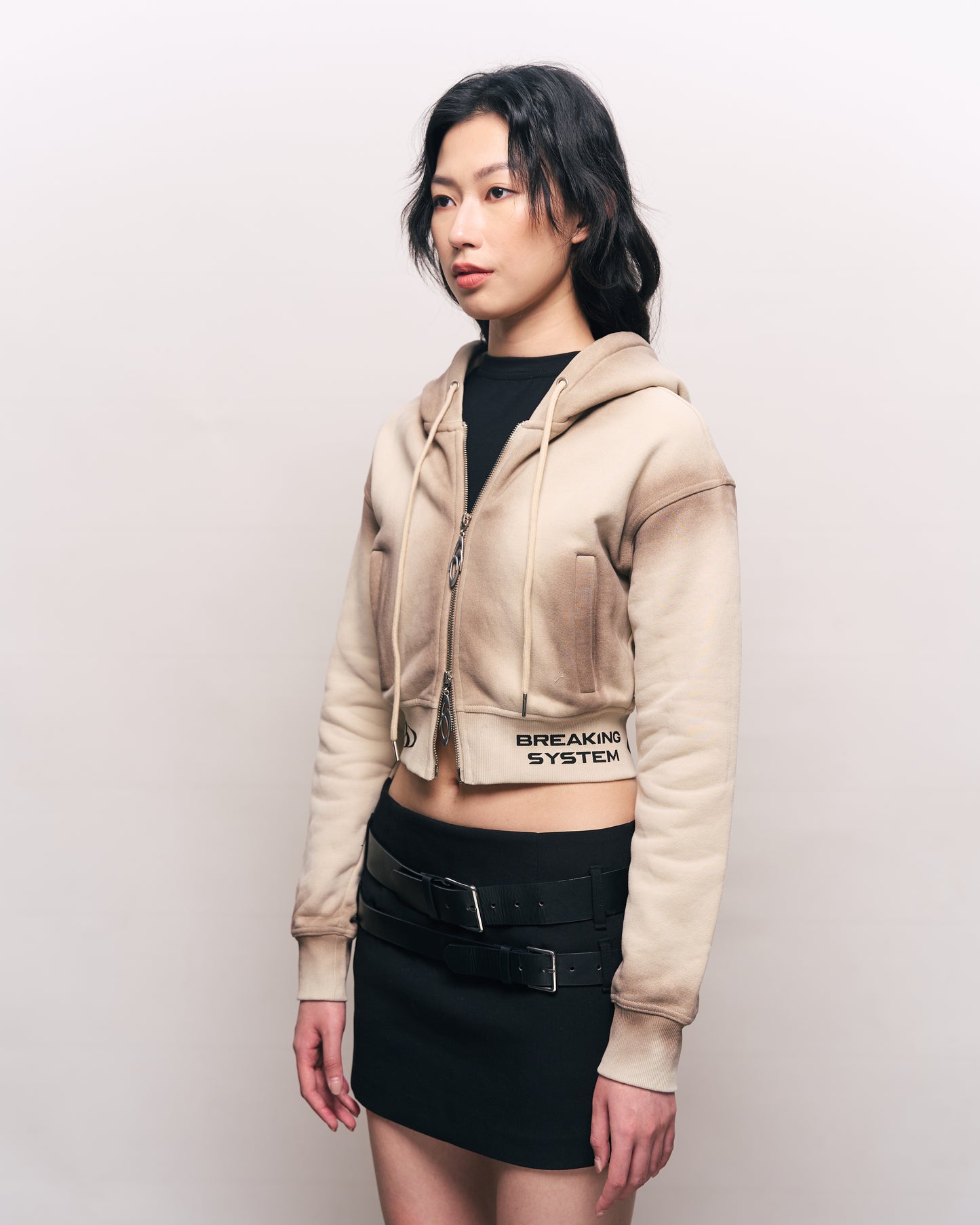 BREAKING SYSTEM BURN BEIGE ZIP UP CROP HOODIE
